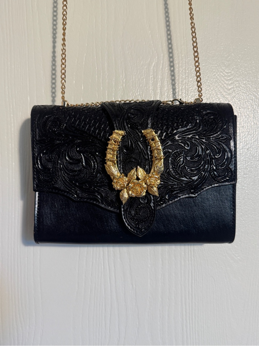 Black Artisan Western 100% Tooled Leather Purse - Made in Mexico